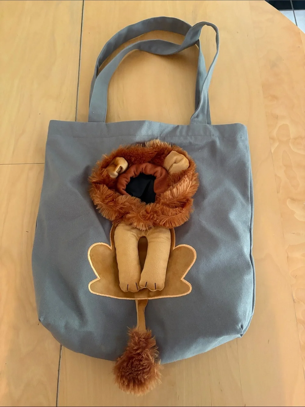 Custom Plush Lion Face Cat Tote Carrier in Gray-Blue